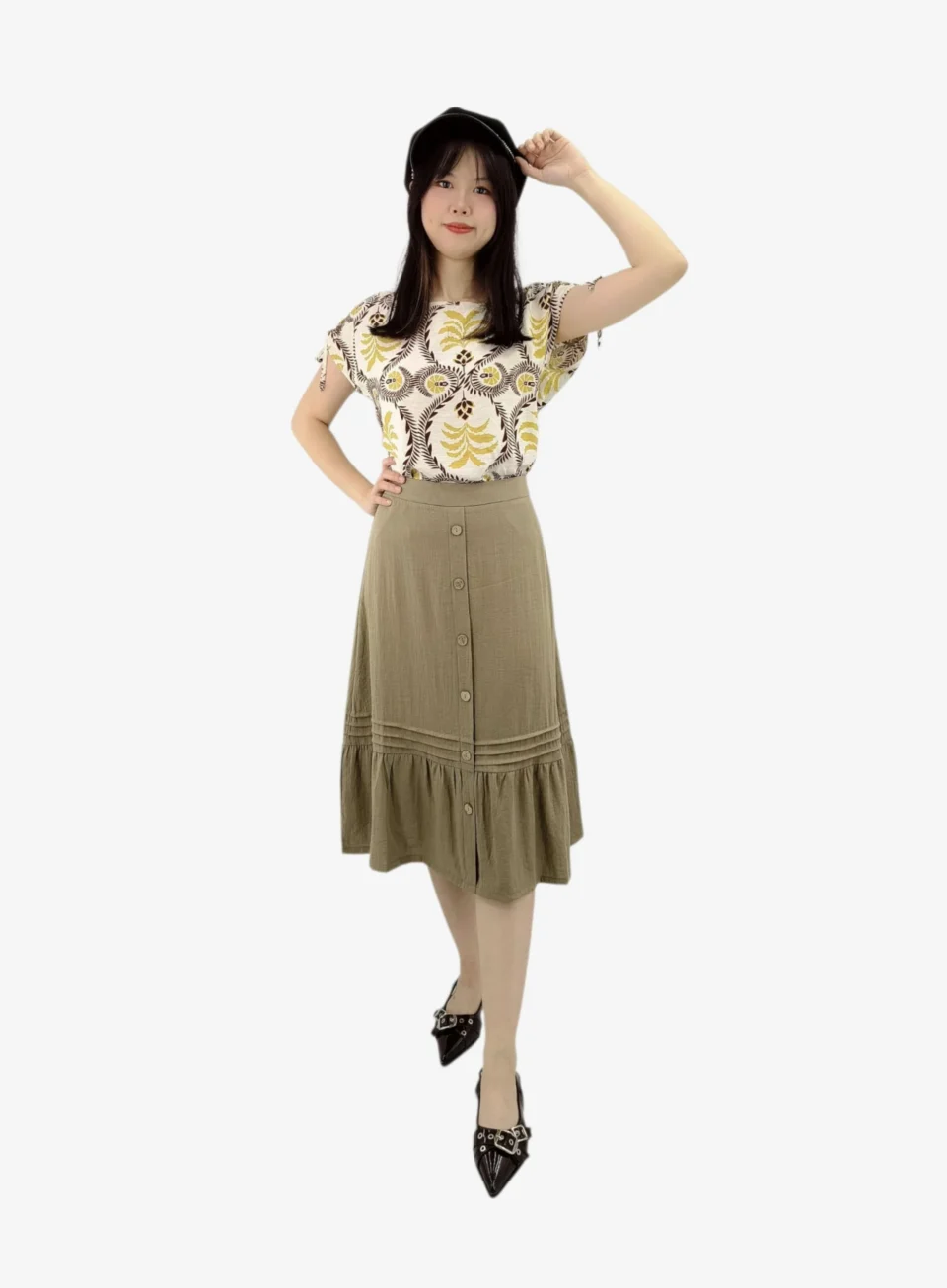 FINLAY BUTTON FRONT RUFFLE MIDI SKIRT